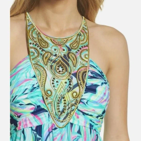 Lilly Pulitzer Lanette High Tide Navy Dancing Lady with Gold Beads and Stitch.